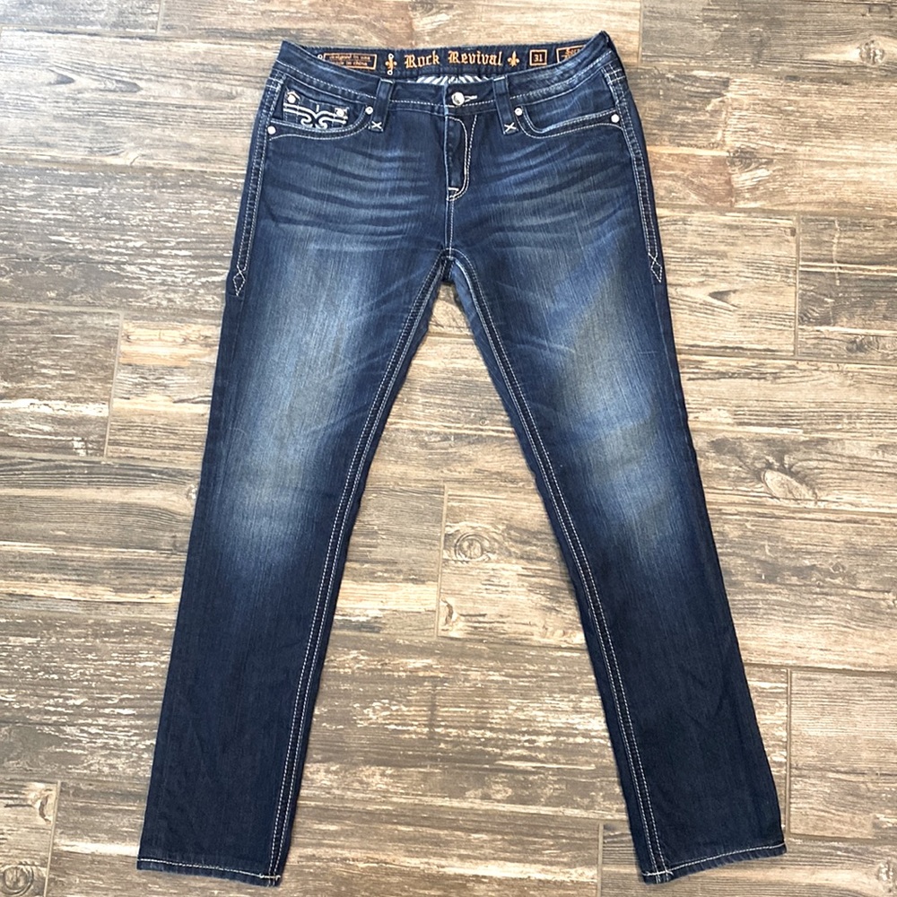 Rock Revival Sz 31 Sora Skinny Jeans Medium/Dark Wash Rhinestone Button
